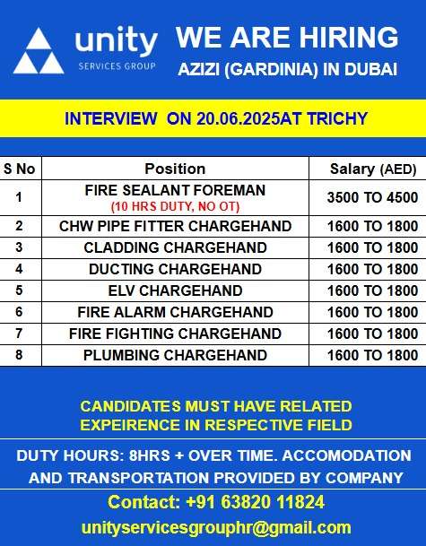 HIRING FOR A AZIZI (GARDINIA) IN DUBAI