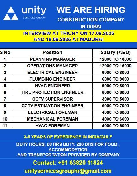 WE ARE HIRING FOR CONSTRUCTION COMPANY IN DUBAI