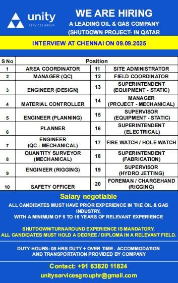 WE ARE HIRING FOR A LEADING OIL & GAS COMPANY SHUTDOWN PROJECT IN QATAR