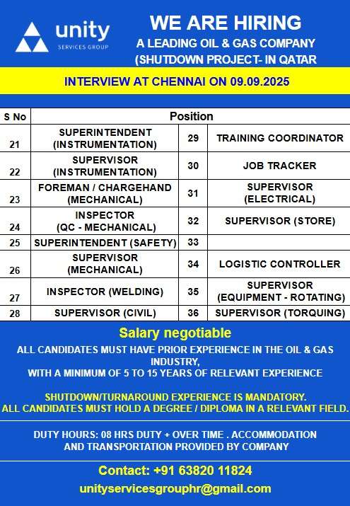 WE ARE HIRING FOR A LEADING OIL & GAS COMPANY SHUTDOWN PROJECT IN QATAR