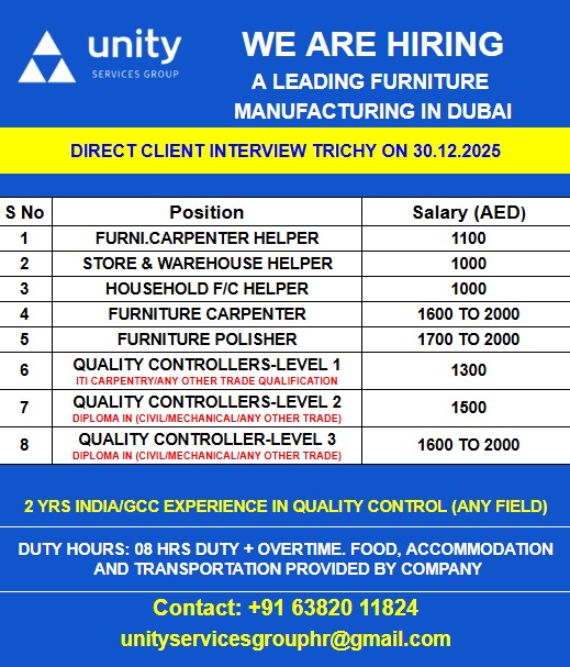 WE ARE HIRING FOR A LEADING FURNITURE MANUFACTURING IN DUBAI
