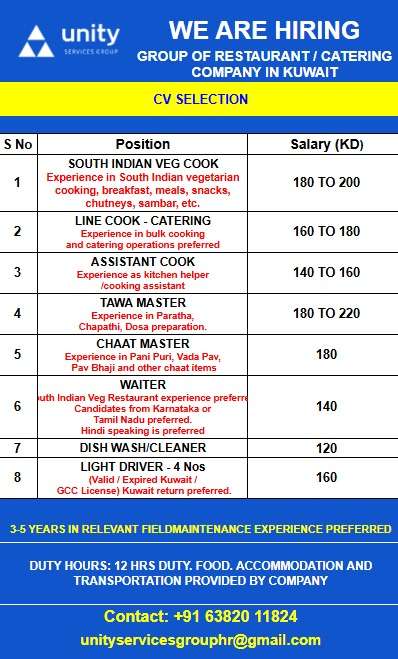 WE ARE HIRING GROUP OF RESTAURANT/CATERING COMPANY IN KUWAIT