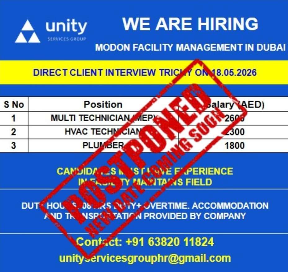 WE ARE HIRING MODON FACILITY MANAGEMENT IN DUBAI