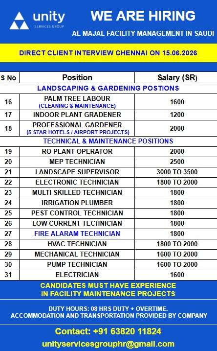 Al Majal Facility Management Saudi Arabia Jobs 2026 – Direct Client Interview in Chennai