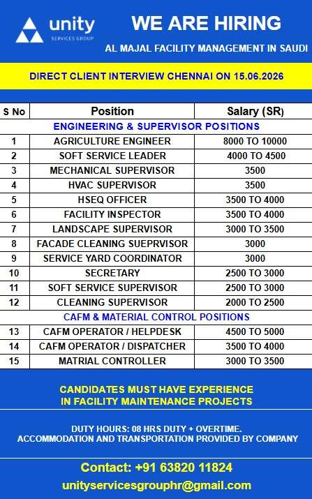 Al Majal Facility Management Saudi Arabia Jobs 2026 – Direct Client Interview in Chennai