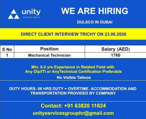 Dubai Mechanical Technician Jobs 2026 – Direct Client Interview in Trichy