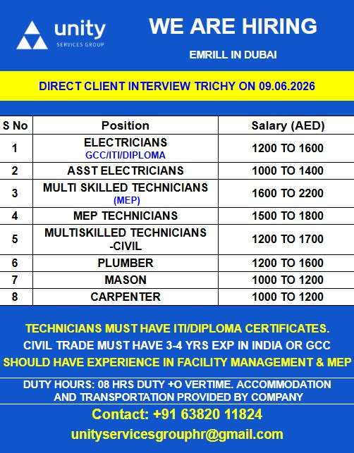 Emrill Dubai Jobs 2026 – Electricians, MEP Technicians, Plumbers, Masons & Carpenters | Direct Client Interview in Trichy