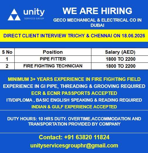 GECO Mechanical & Electrical Dubai Jobs 2026 Pipe Fitter & Fire Fighting Technician Vacancies