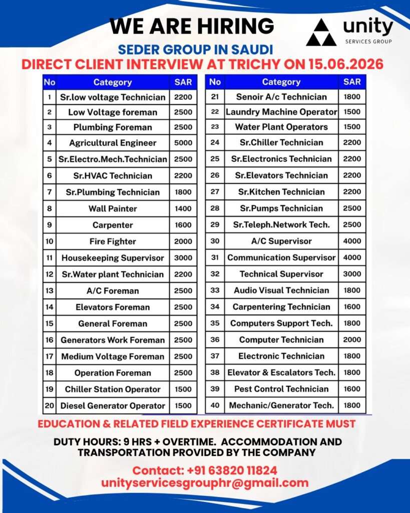 Hiring poster for Seder Group Saudi Arabia showing direct client interview in Trichy on 15 June 2026 for technicians, foremen, supervisors, engineers, operators, and maintenance staff with salary details in SAR.