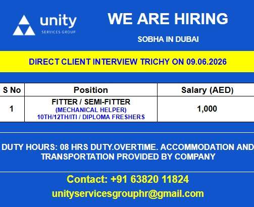 Sobha Dubai Jobs 2026 – Fitter & Semi-Fitter (Mechanical Helper) Vacancies | Direct Client Interview in Trichy