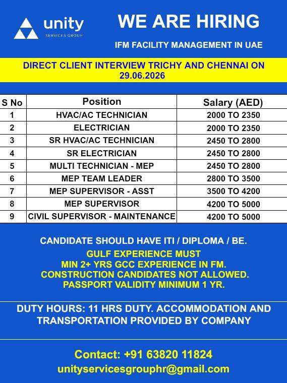 UAE Facility Management Jobs 2026 – Direct Client Interview in Trichy & Chennai for HVAC, Electrician & MEP Positions