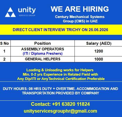 UAE Jobs 2026 Assembly Operators & General Helpers Recruitment in UAE Direct Client Interview in Trichy
