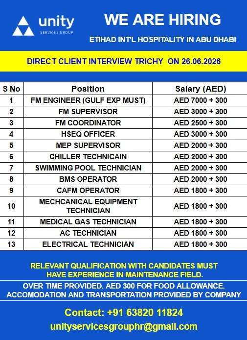 Etihad International Hospitality Abu Dhabi FM & Maintenance Jobs 2026 | Direct Client Interview Trichy