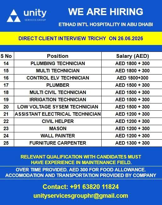 Etihad International Hospitality Abu Dhabi Hiring 2026 | Direct Client Interview in Trichy