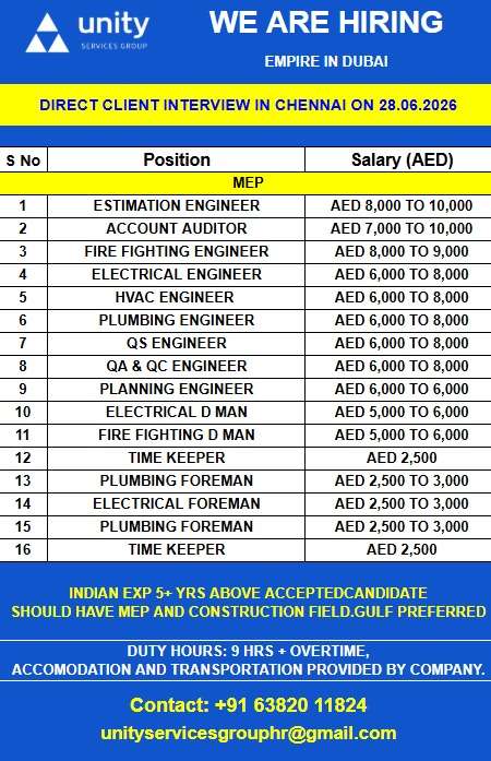 Empire Dubai Civil Construction Jobs 2026 – Direct Client Interview in Chennai