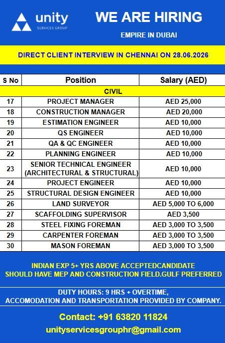 Empire Dubai Civil Construction Jobs 2026 – Direct Client Interview in Chennai