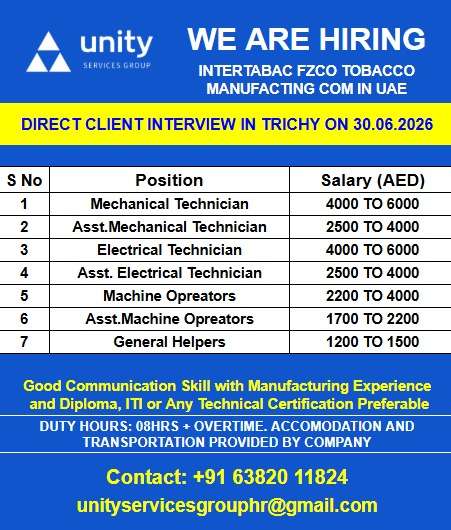 Intertabac FCZO Tobacco Manufacturing UAE Jobs 2026 – Direct Client Interview in Trichy