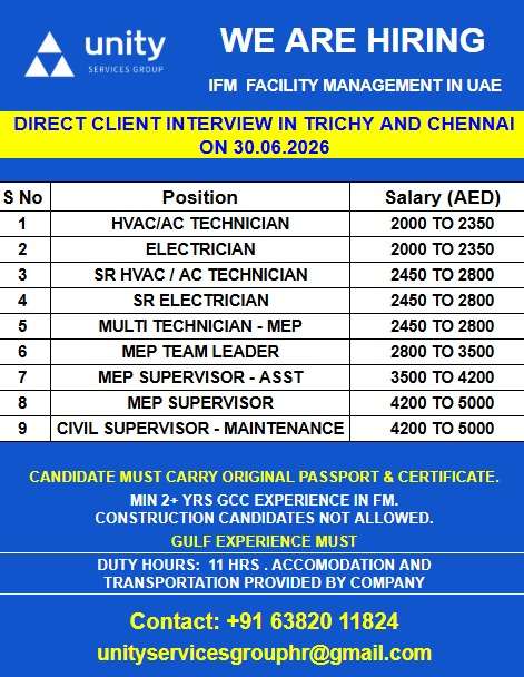 Unity Services Group UAE Jobs 2026 – IFM Facility Management Direct Client Interview in Trichy & Chennai