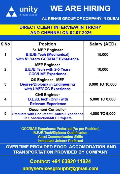 Unity Services Group UAE Jobs 2026 – MEP, Civil Engineer & Document Controller Vacancies in Dubai