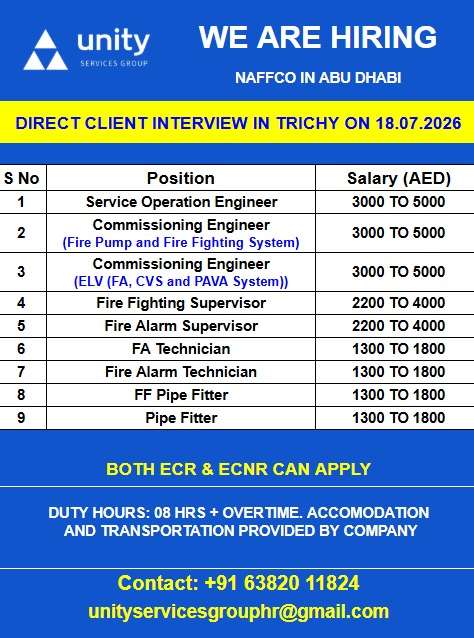 NAFFCO Abu Dhabi UAE Jobs 2026 – Direct Client Interview in Trichy for Fire Fighting & Engineering Vacancies