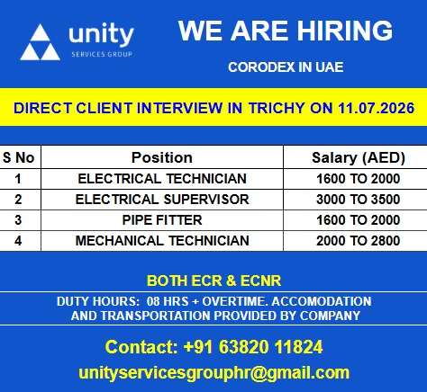 Corodex UAE Jobs 2026 – Direct Client Interview in Trichy for Electrical, Mechanical & Pipe Fitter Vacancies