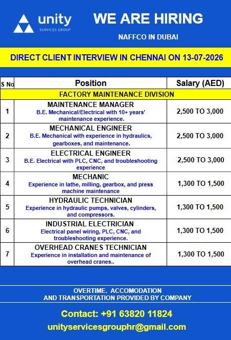 Unity Services Group Dubai Jobs 2026 – NAFFCO Factory Maintenance Division Direct Client Interview in Chennai