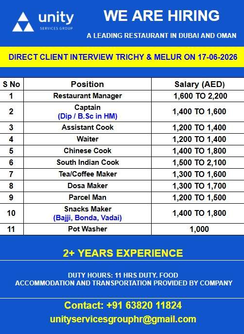 Unity Services Group Restaurant Jobs in Dubai & Oman – Direct Client Interview 2026