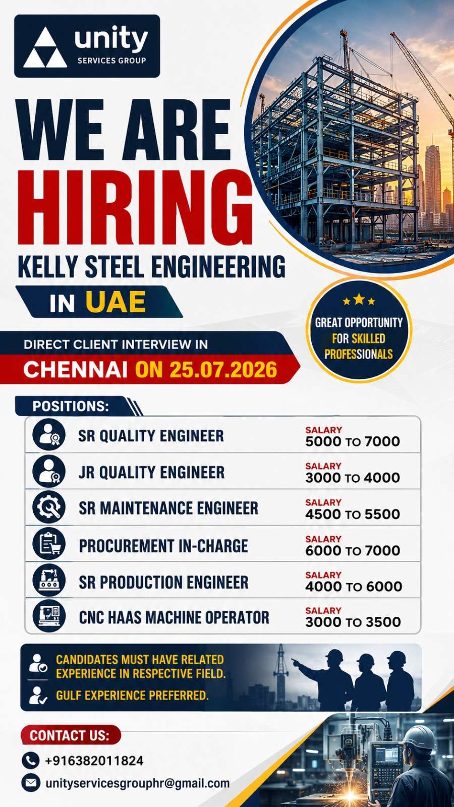 Kelly Steel Engineering UAE Jobs 2026 – Direct Client Interview in Chennai | Apply Now