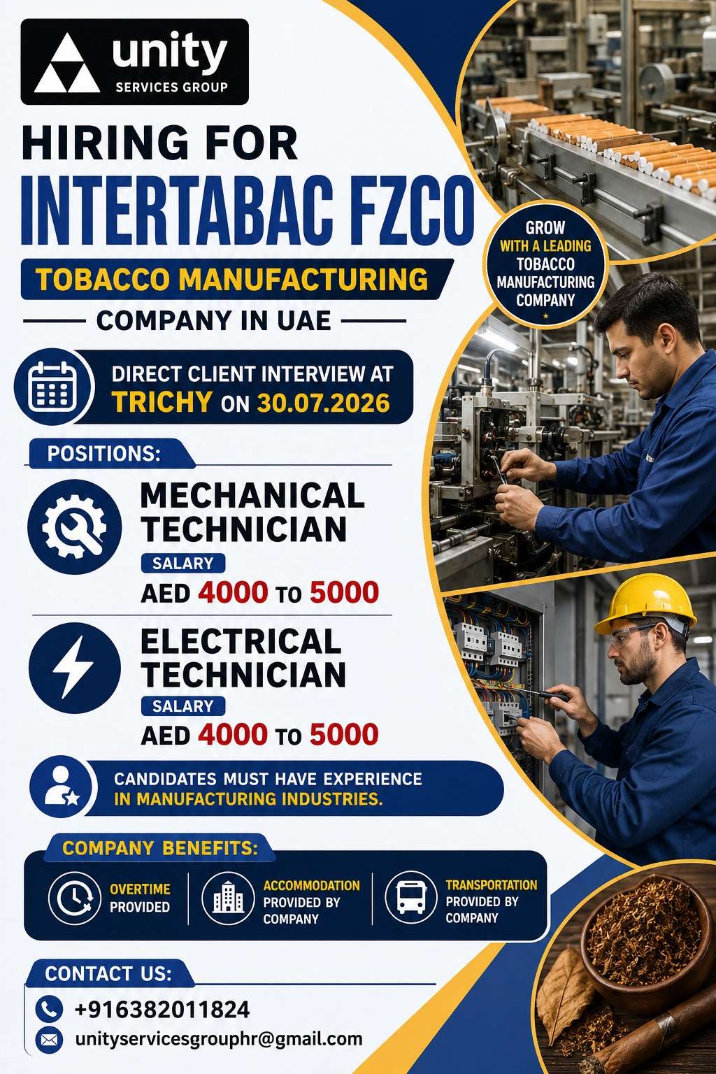 Intertabac FZCO UAE Jobs 2026 | Mechanical & Electrical Technician Jobs | Trichy Interview