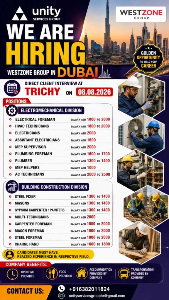 Westzone Group Dubai Jobs 2026 | Direct Client Interview in Trichy – 08 Aug 2026