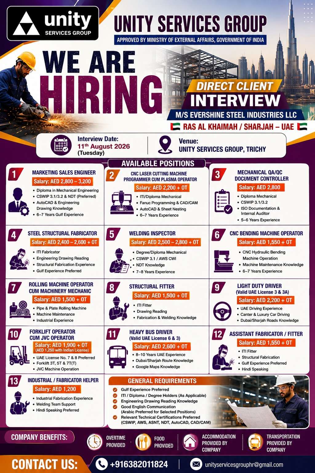 M/S Evershine Steel Industries UAE Jobs | Trichy Interview 2026