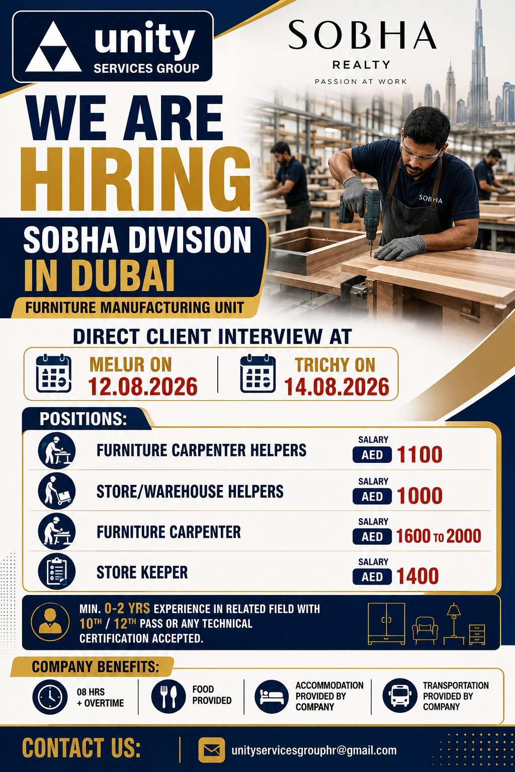 Sobha Dubai Furniture Manufacturing Jobs 2026 – Direct Client Interview