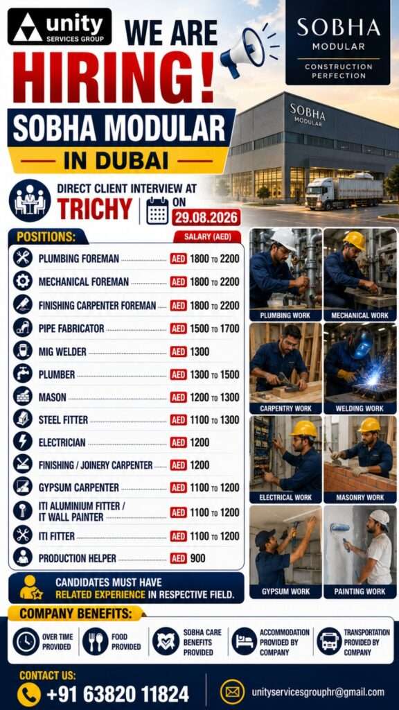 Sobha Modular Dubai Jobs | Direct Interview Trichy 2026