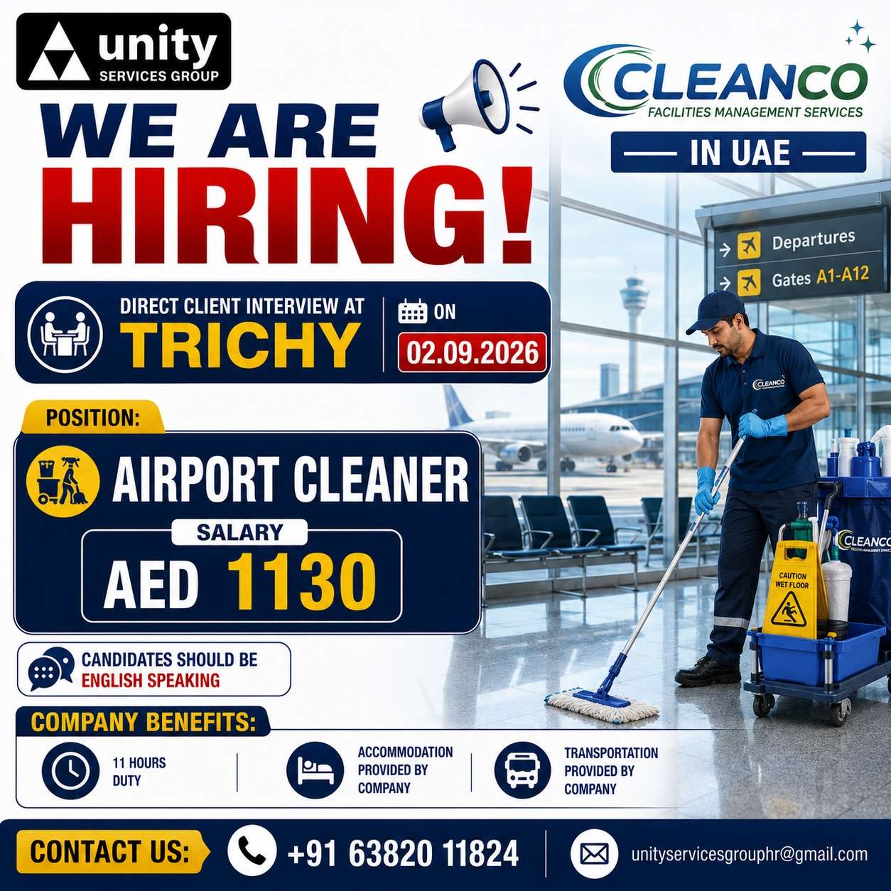 Airport Cleaner Jobs in UAE | Cleanco Direct Interview Trichy