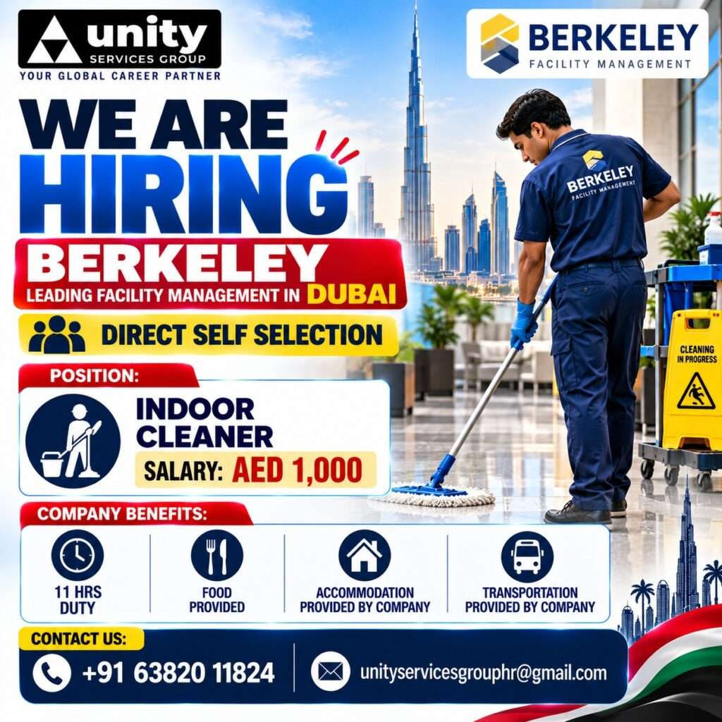 Dubai Indoor Cleaner Jobs 2026 recruitment poster for Berkeley Facility Management with AED 1,000 salary, food, accommodation, transportation and 11-hour duty.