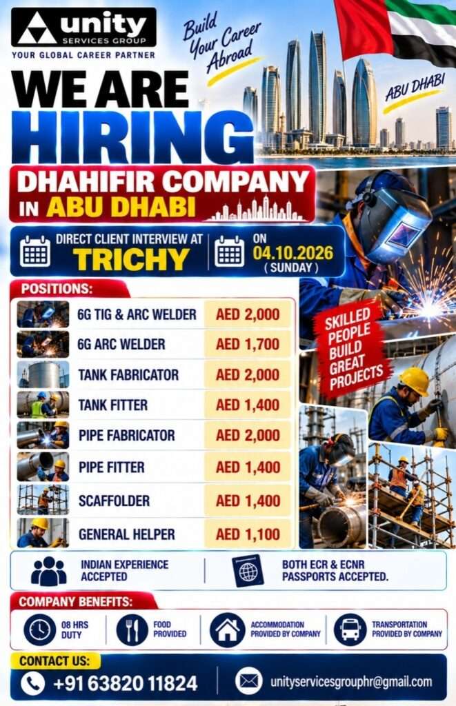 Unity Services Group Abu Dhabi job recruitment poster for Dhahifir Company showing direct client interview in Trichy on 4 October 2026, vacancies for welders, tank and pipe fabricators, fitters, scaffolder and general helper with salaries from AED 1100 to AED 2000, plus food, accommodation and transportation benefits.