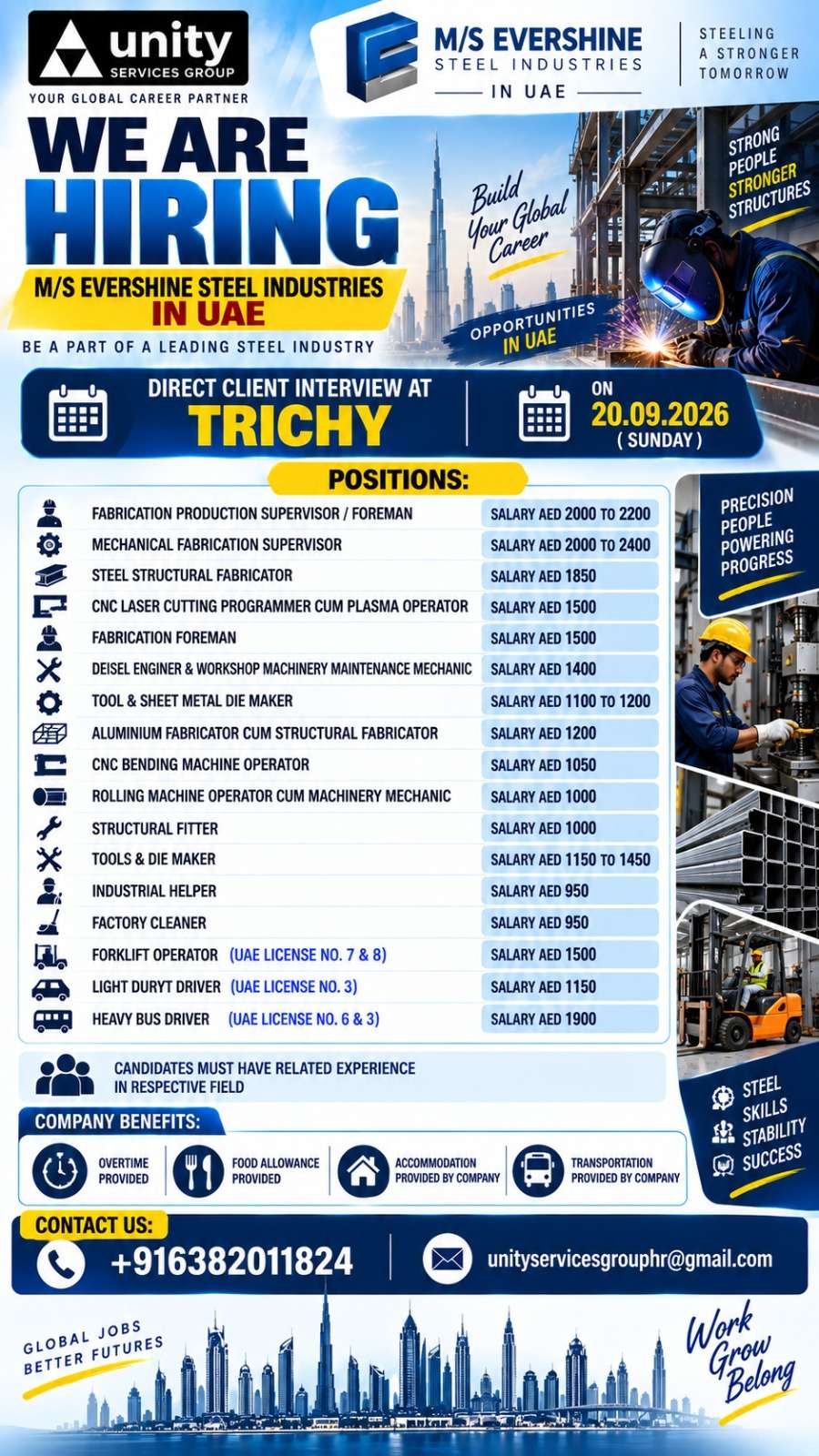 WE ARE HIRING FOR M/S EVERSHINE STEEL INDUSTRIES IN UAE