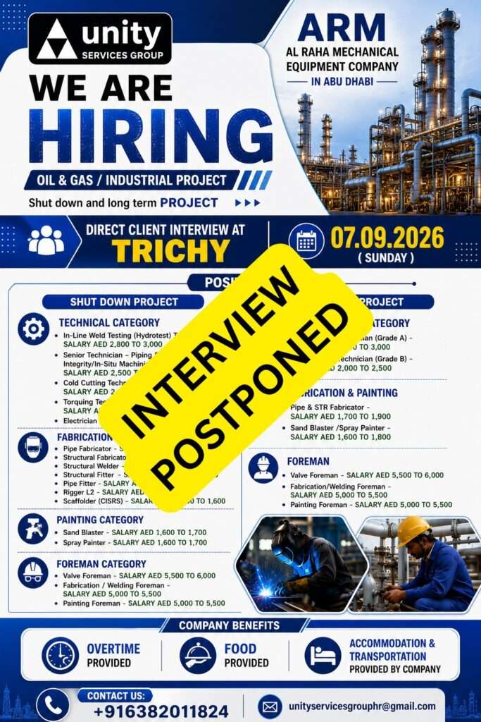 Unity Services Group Abu Dhabi Jobs | Direct Client Interview in Trichy