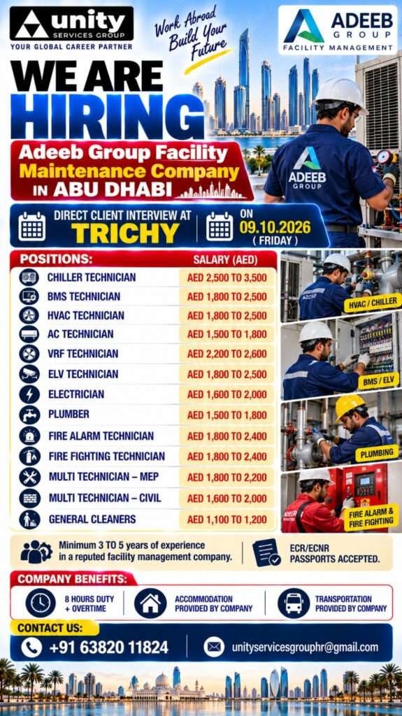 Adeeb Group Abu Dhabi facility maintenance jobs direct client interview in Trichy