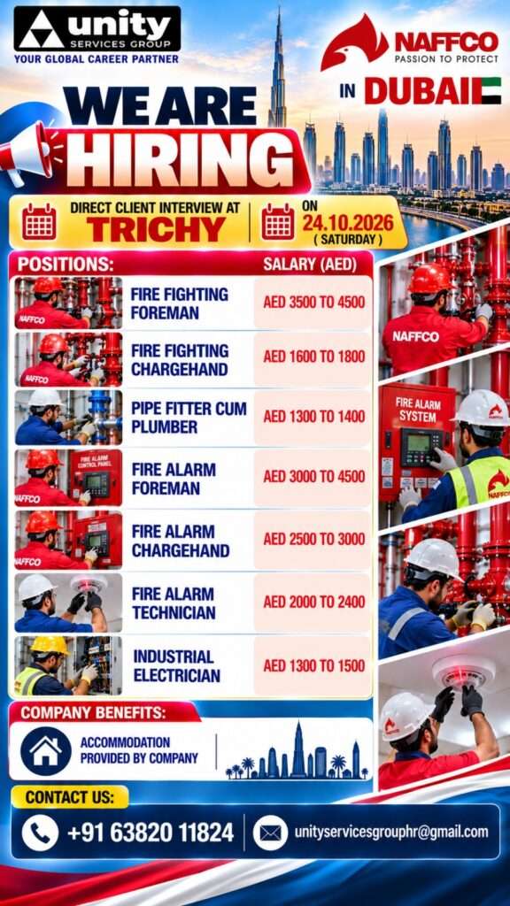 NAFFCO Dubai recruitment poster for direct client interview in Trichy on 24 October 2026, featuring firefighting, fire alarm, pipe fitter cum plumber and industrial electrician vacancies with salary details.