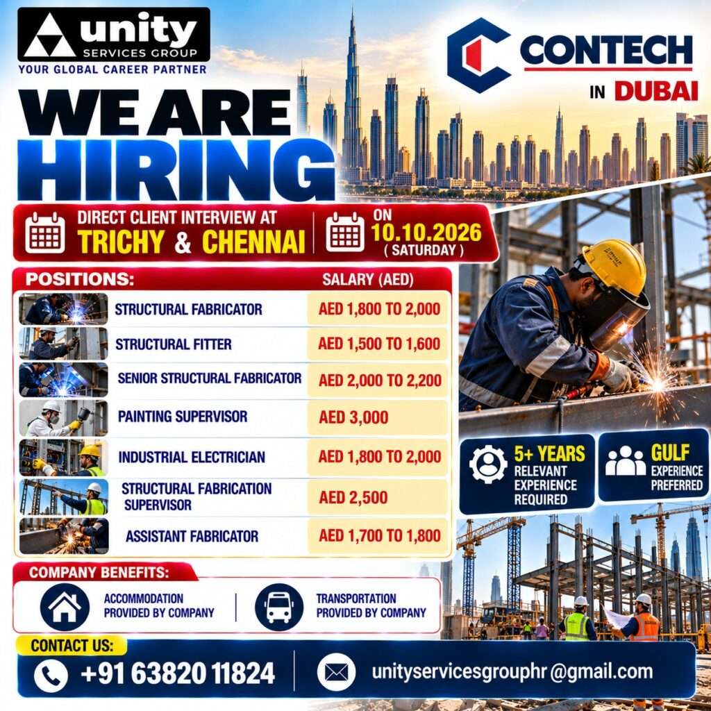 Contech Dubai jobs 2026 hiring poster with structural fabricator, fitter, electrician and supervisor vacancies